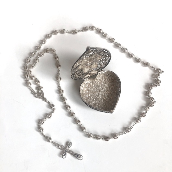 RARE Jerusalem Vintage 800 Silver Heart Box With Rosary Inside - Picture 2 of 16